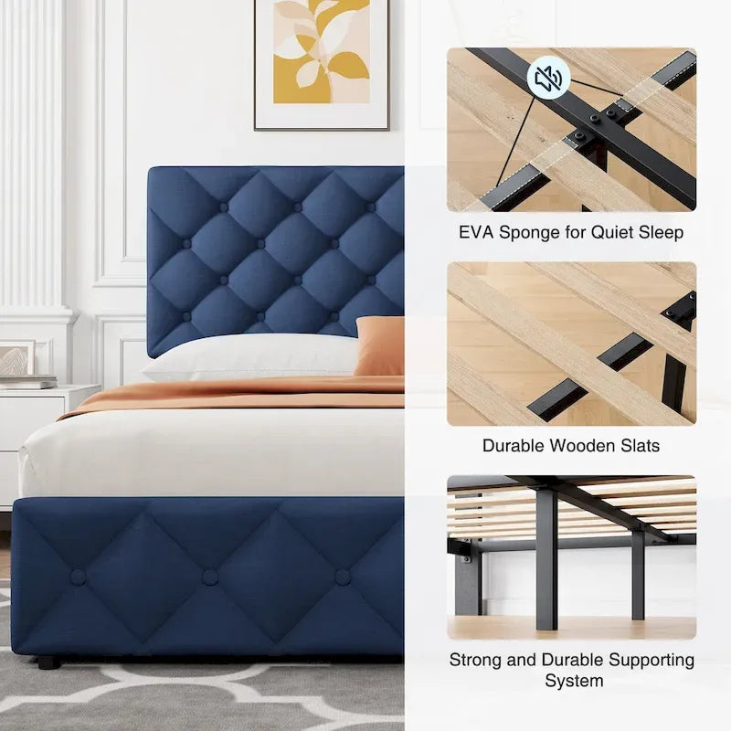 Linen Platform Bed Frame with Adjustable Headboard and 4 Storage Drawers