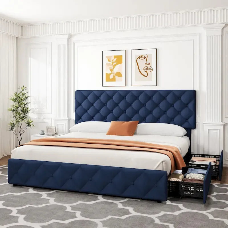 Linen Platform Bed Frame with Adjustable Headboard and 4 Storage Drawers