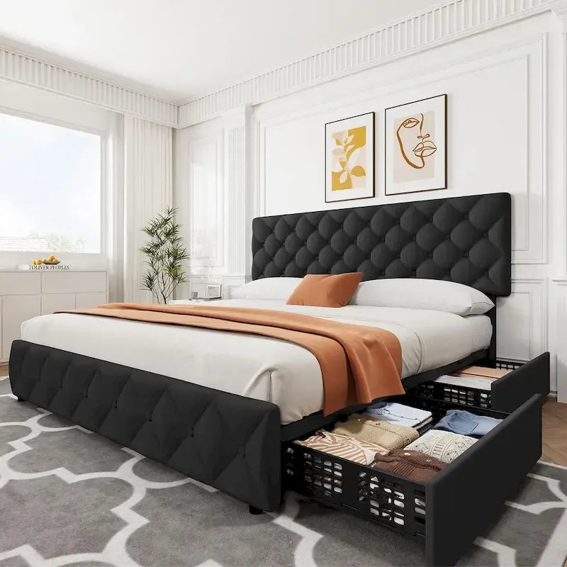Linen Platform Bed Frame with Adjustable Headboard and 4 Storage Drawers