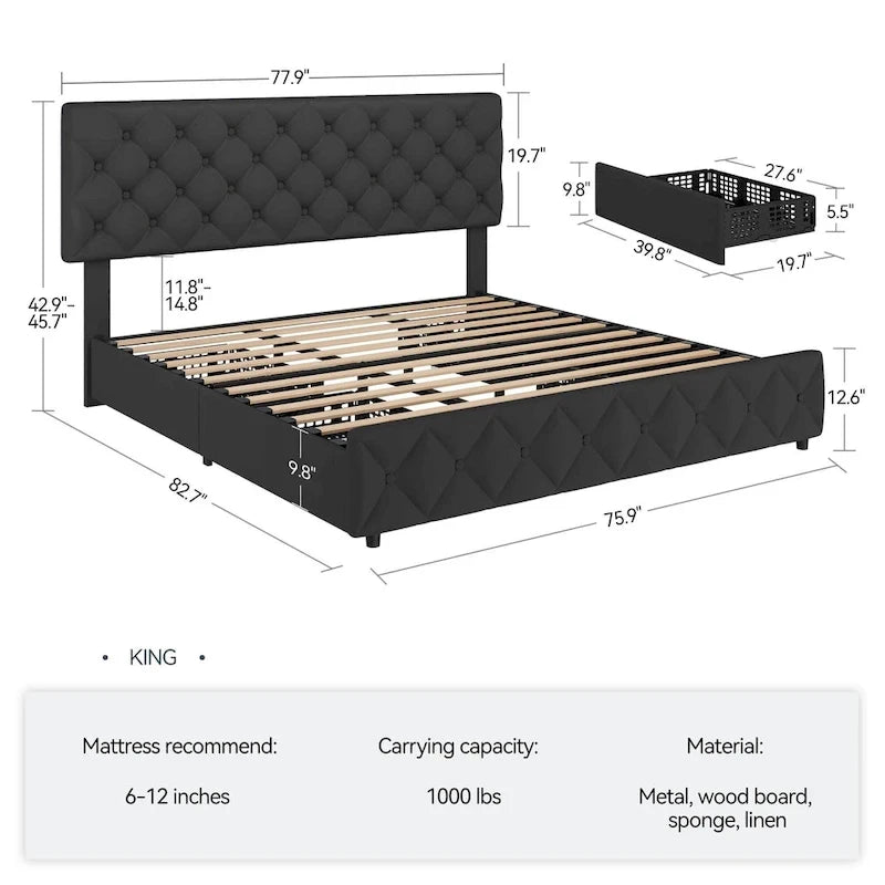 Linen Platform Bed Frame with Adjustable Headboard and 4 Storage Drawers