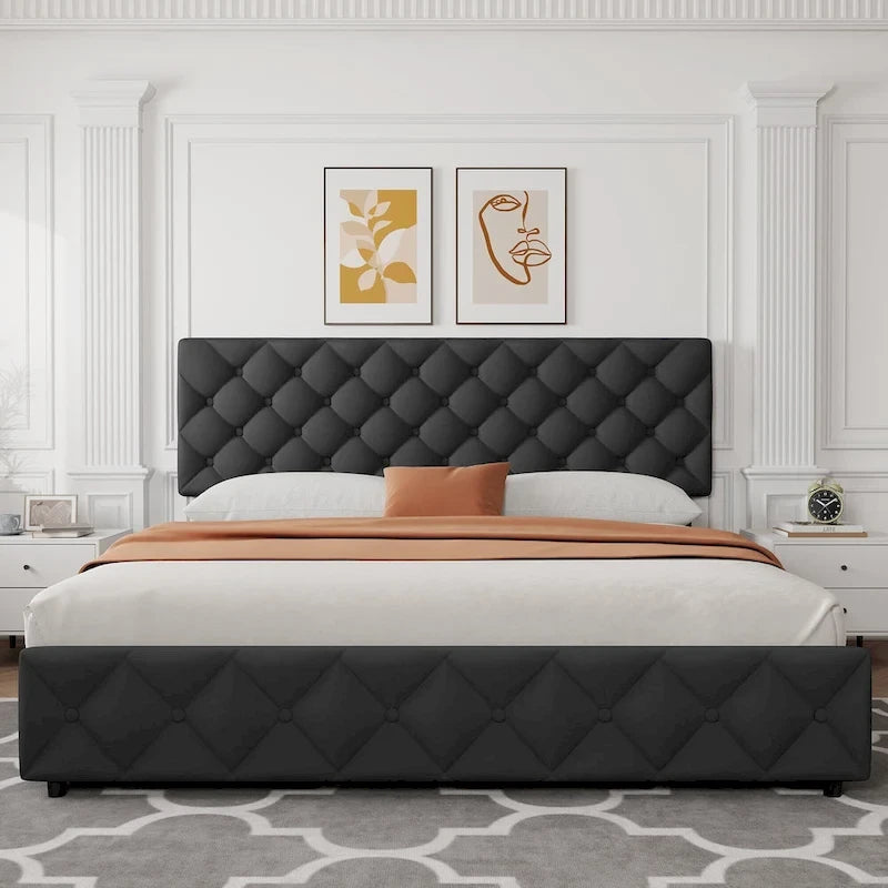 Linen Platform Bed Frame with Adjustable Headboard and 4 Storage Drawers