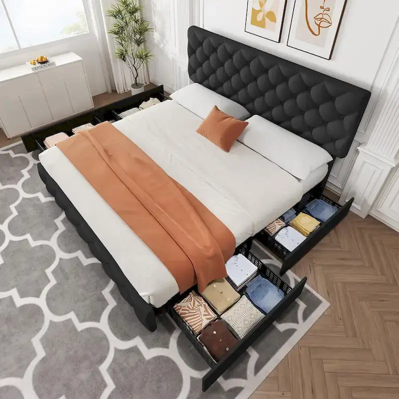 Linen Platform Bed Frame with Adjustable Headboard and 4 Storage Drawers