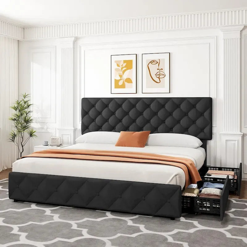 Linen Platform Bed Frame with Adjustable Headboard and 4 Storage Drawers