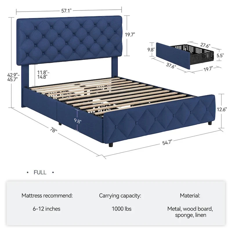 Linen Platform Bed Frame with Adjustable Headboard and 4 Storage Drawers