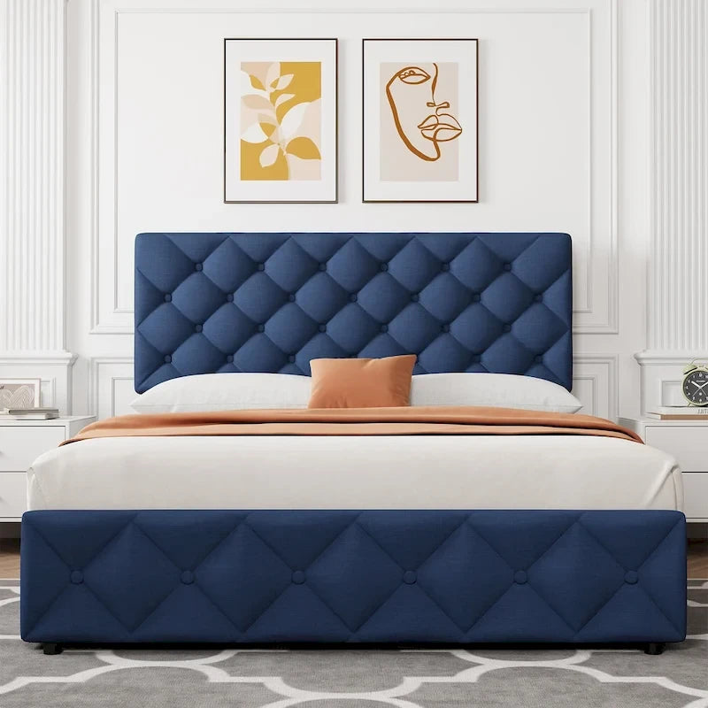 Linen Platform Bed Frame with Adjustable Headboard and 4 Storage Drawers