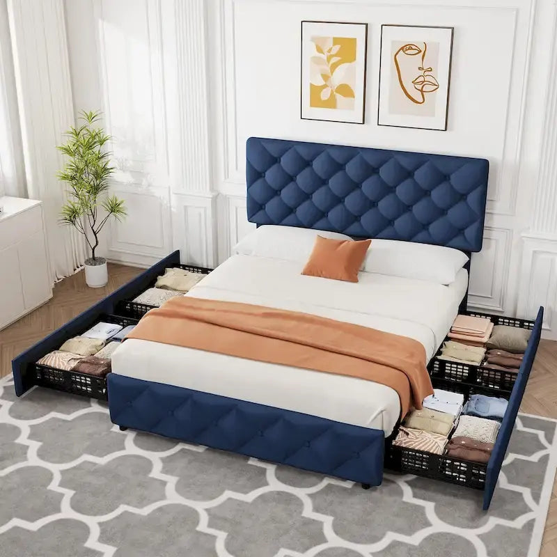 Linen Platform Bed Frame with Adjustable Headboard and 4 Storage Drawers