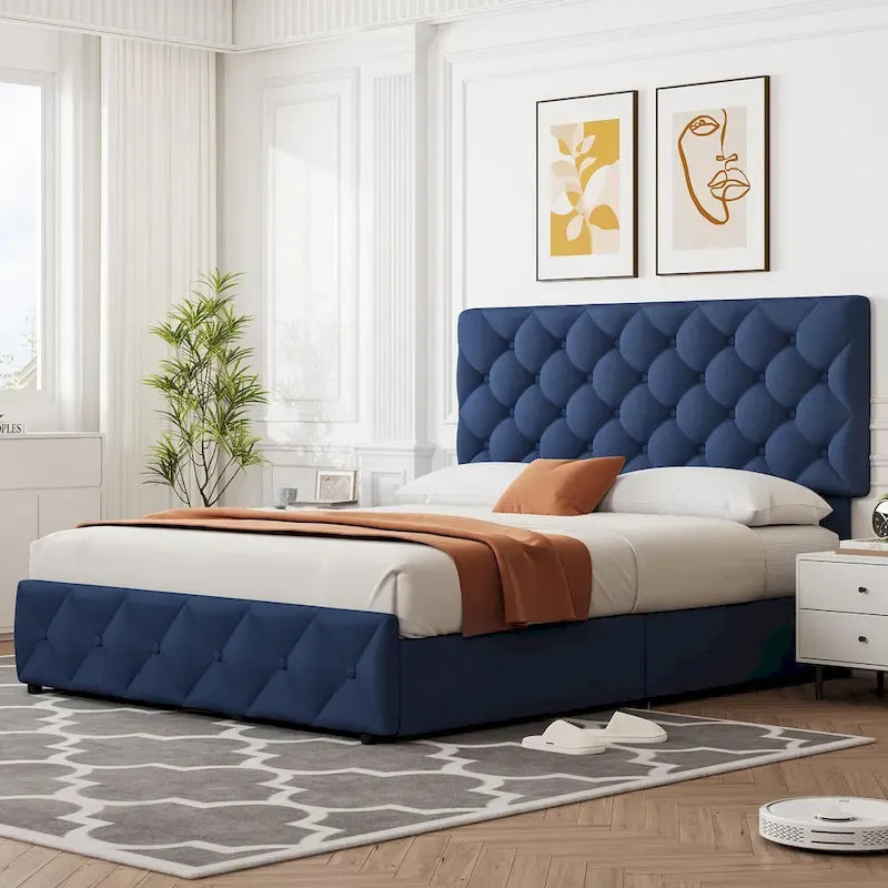 Linen Platform Bed Frame with Adjustable Headboard and 4 Storage Drawers