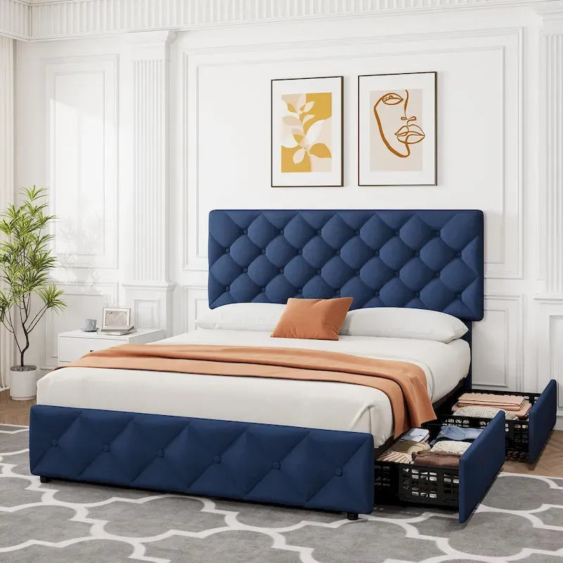 Linen Platform Bed Frame with Adjustable Headboard and 4 Storage Drawers