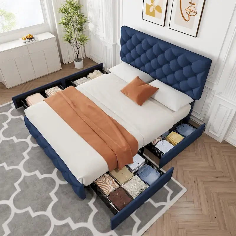 Linen Platform Bed Frame with Adjustable Headboard and 4 Storage Drawers