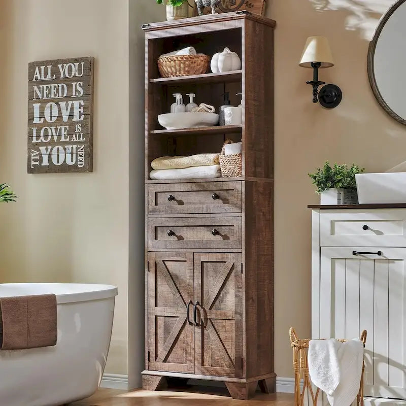 72-Inch Farmhouse Bathroom Storage Cabinet with Barn Doors and Drawers