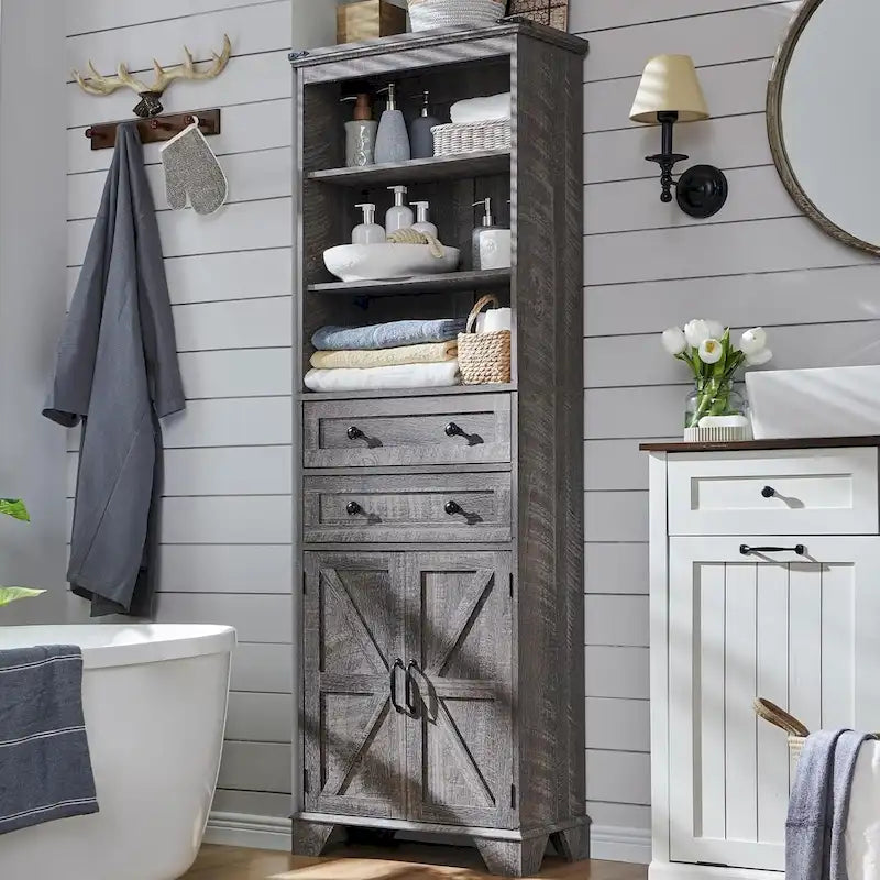 72-Inch Farmhouse Bathroom Storage Cabinet with Barn Doors and Drawers