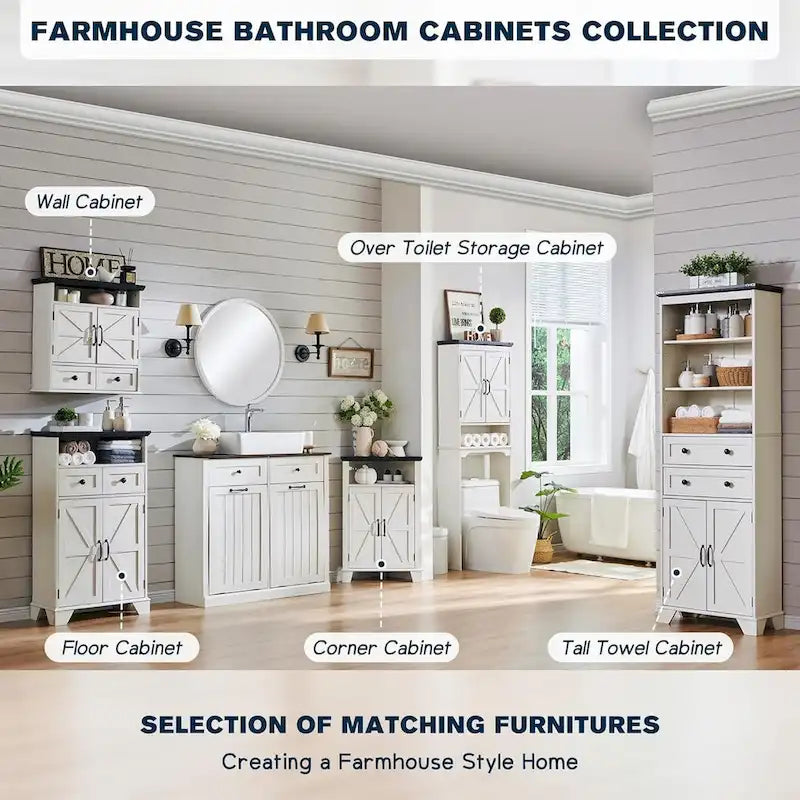 72-Inch Farmhouse Bathroom Storage Cabinet with Barn Doors and Drawers