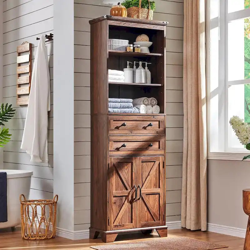 72-Inch Farmhouse Bathroom Storage Cabinet with Barn Doors and Drawers