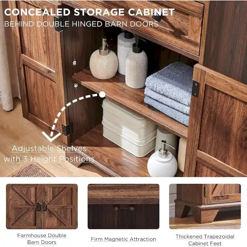 72-Inch Farmhouse Bathroom Storage Cabinet with Barn Doors and Drawers