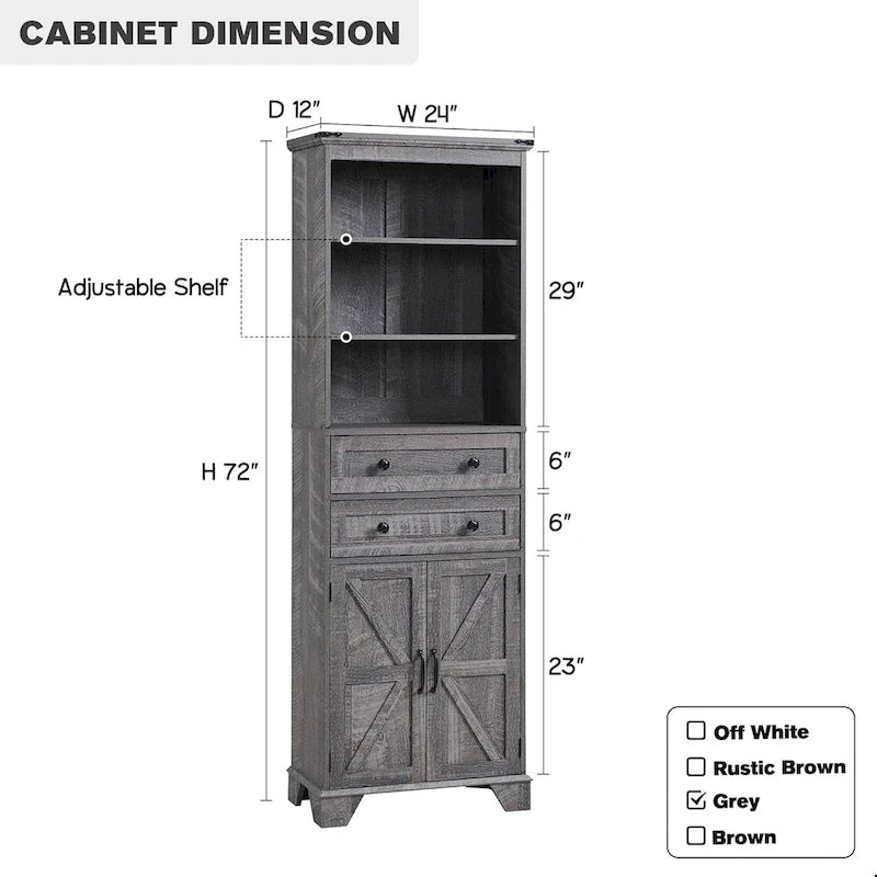 72-Inch Farmhouse Bathroom Storage Cabinet with Barn Doors and Drawers