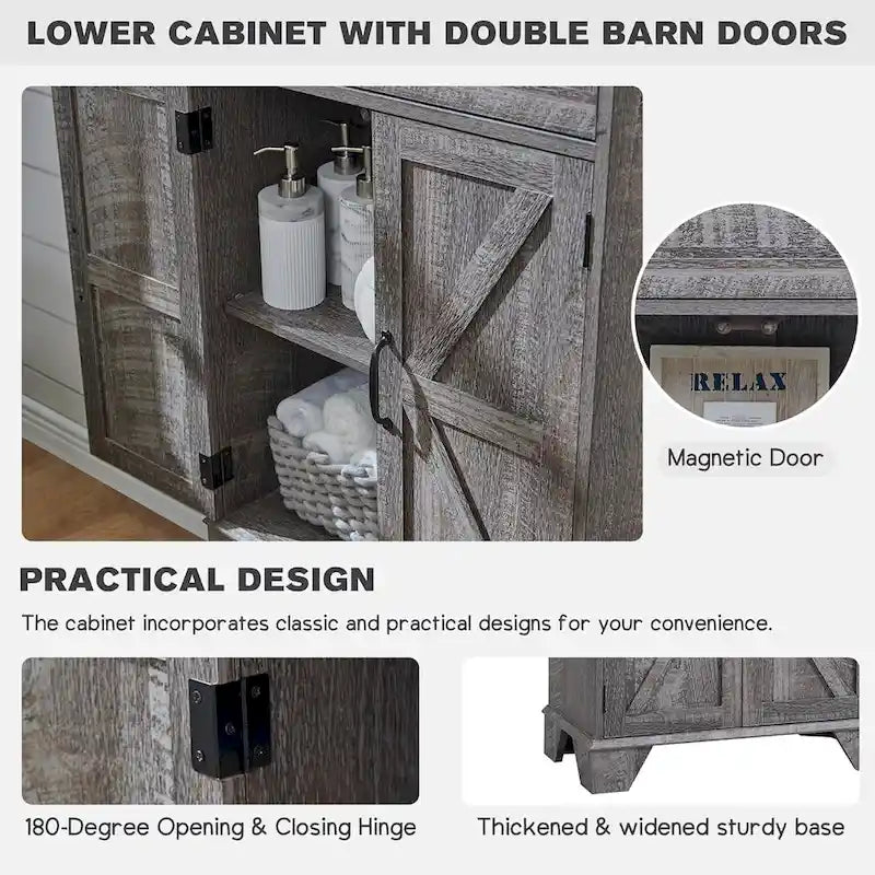 72-Inch Farmhouse Bathroom Storage Cabinet with Barn Doors and Drawers