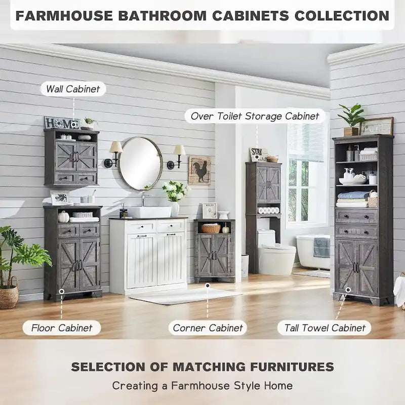 72-Inch Farmhouse Bathroom Storage Cabinet with Barn Doors and Drawers