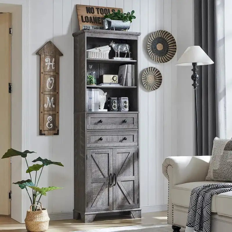 72-Inch Farmhouse Bathroom Storage Cabinet with Barn Doors and Drawers