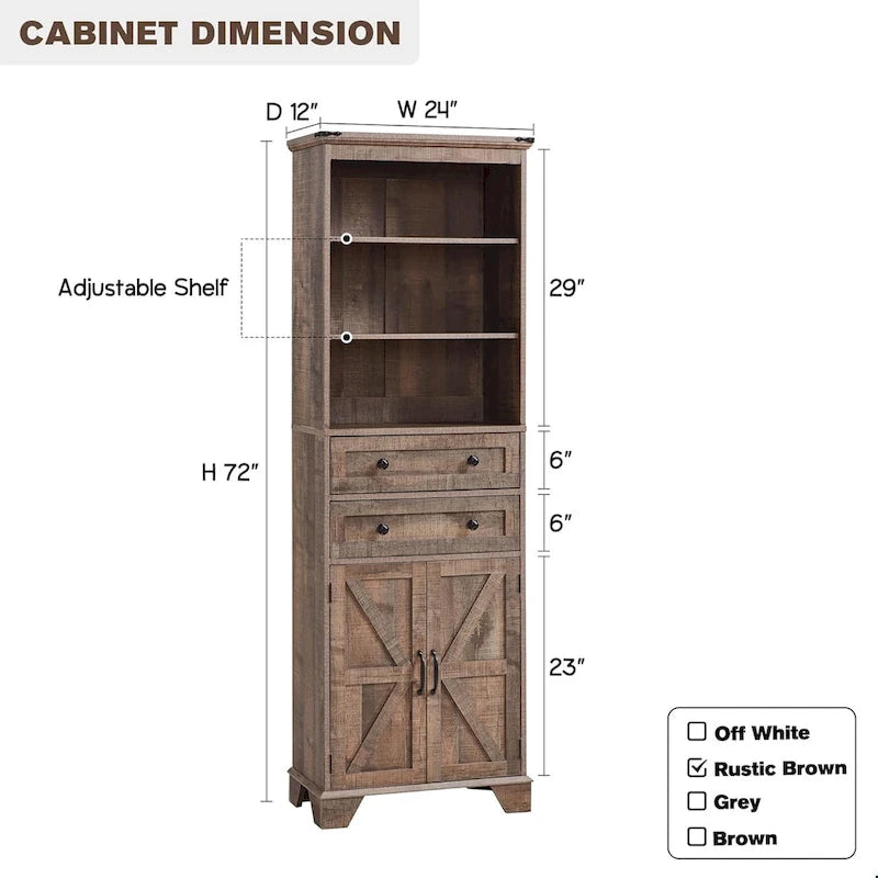 72-Inch Farmhouse Bathroom Storage Cabinet with Barn Doors and Drawers