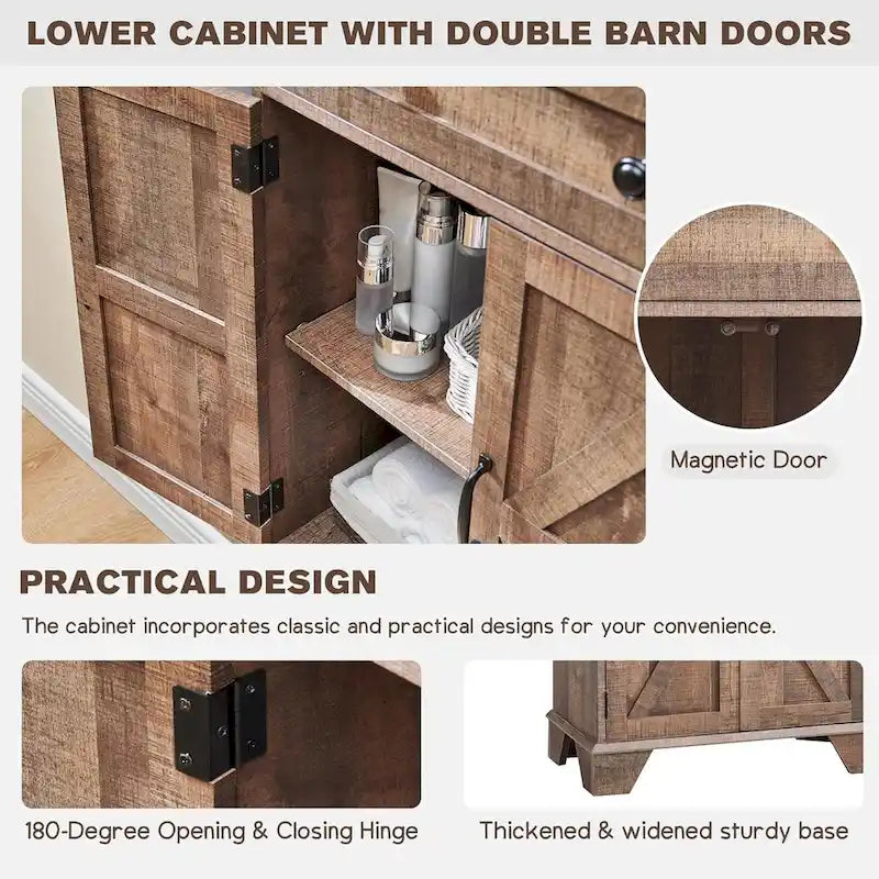 72-Inch Farmhouse Bathroom Storage Cabinet with Barn Doors and Drawers