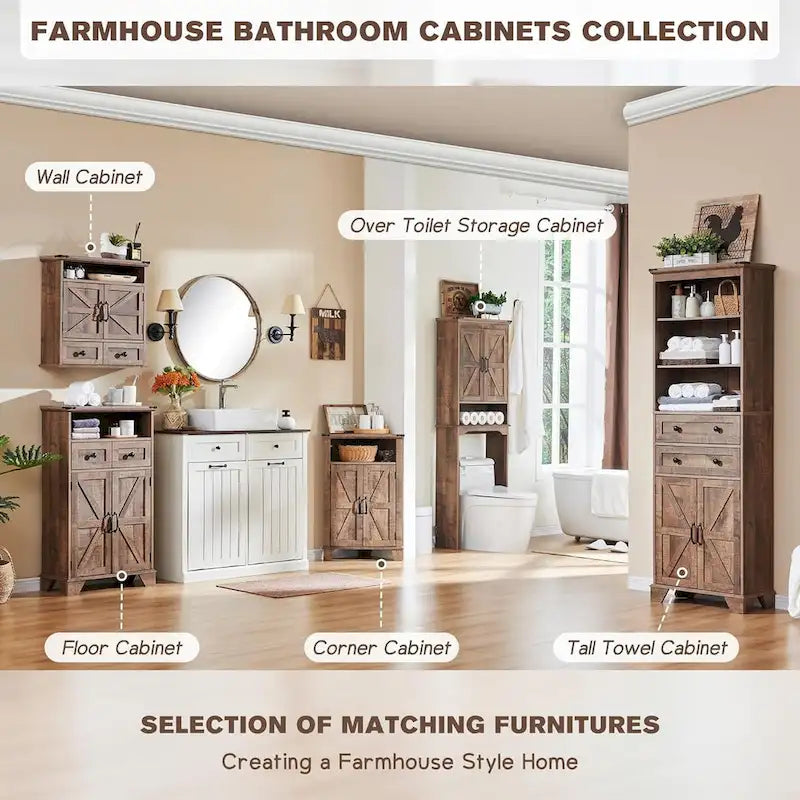 72-Inch Farmhouse Bathroom Storage Cabinet with Barn Doors and Drawers