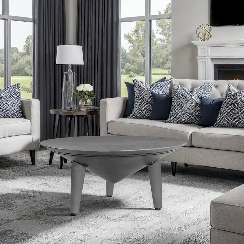28-Inch Round Gray Mango Wood Coffee Table with 3 Splayed Legs
