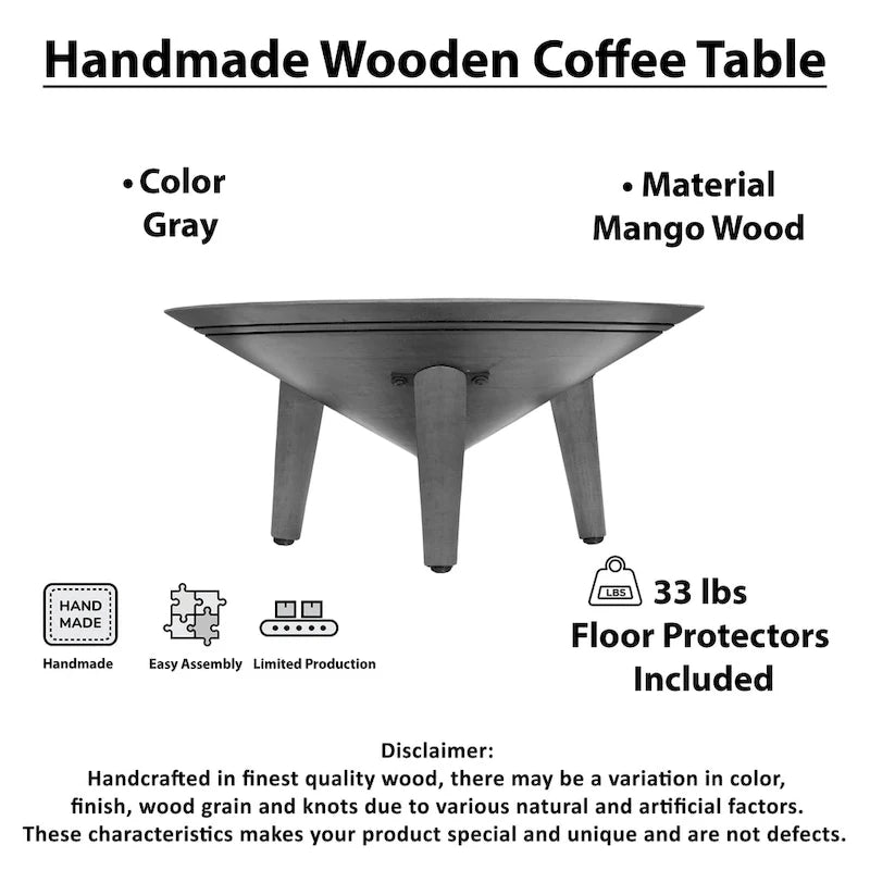 28-Inch Round Gray Mango Wood Coffee Table with 3 Splayed Legs