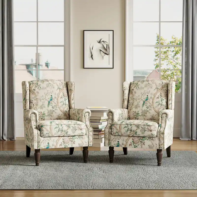 Traditional Wingback Accent Armchair with Nailhead Trim, Set of 2