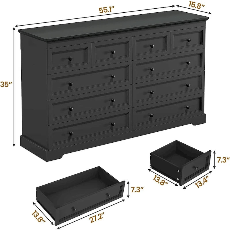 10-Drawer Farmhouse Dresser 55-Inch Wide with Fluted Panels