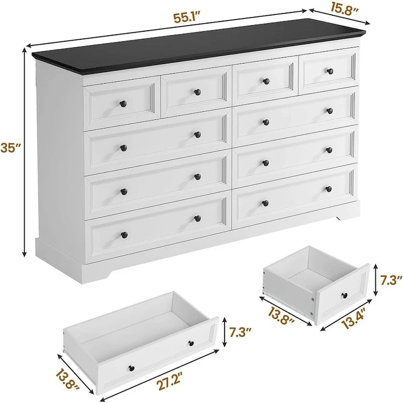 10-Drawer Farmhouse Dresser 55-Inch Wide with Fluted Panels