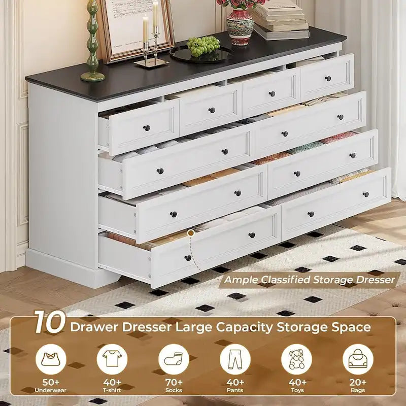 10-Drawer Farmhouse Dresser 55-Inch Wide with Fluted Panels
