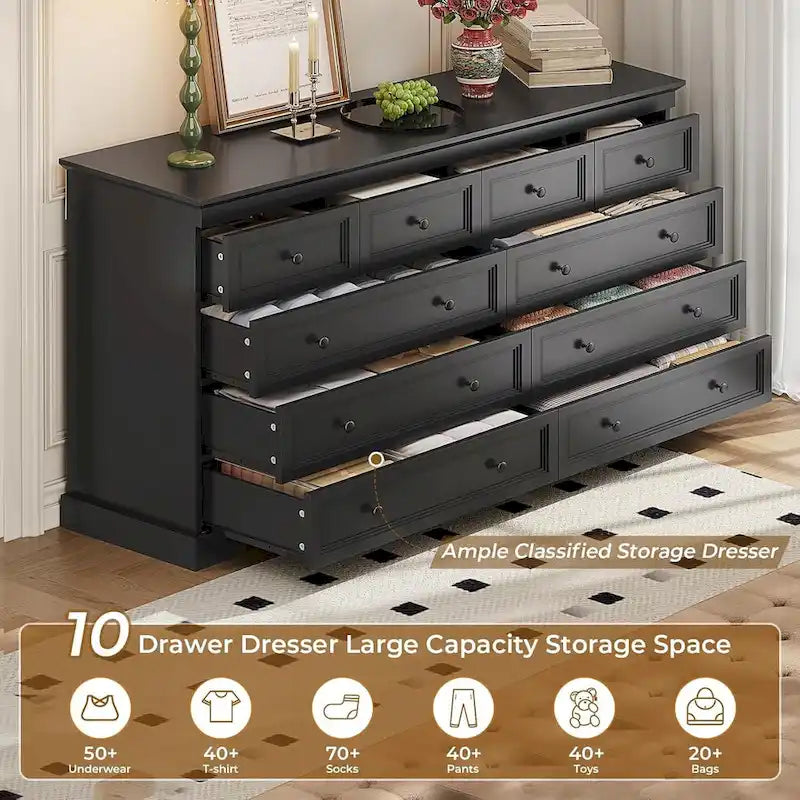10-Drawer Farmhouse Dresser 55-Inch Wide with Fluted Panels