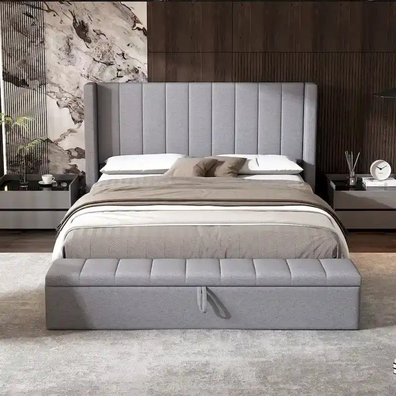 Queen Platform Bed with Wingback Headboard and Footboard Storage