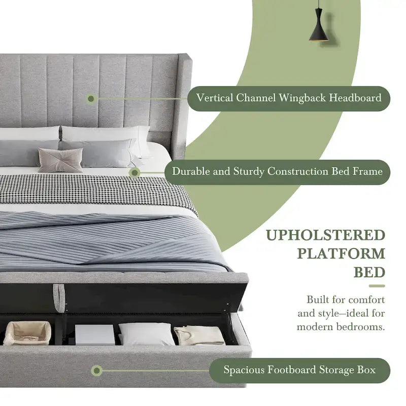 Queen Platform Bed with Wingback Headboard and Footboard Storage