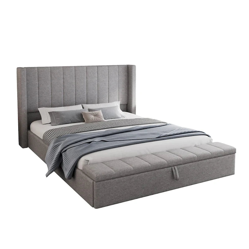 Queen Platform Bed with Wingback Headboard and Footboard Storage