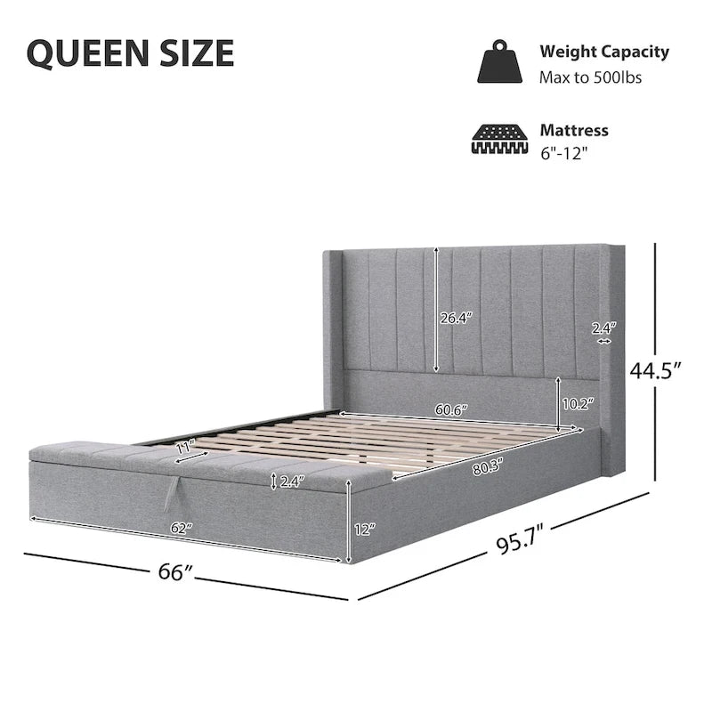 Queen Platform Bed with Wingback Headboard and Footboard Storage