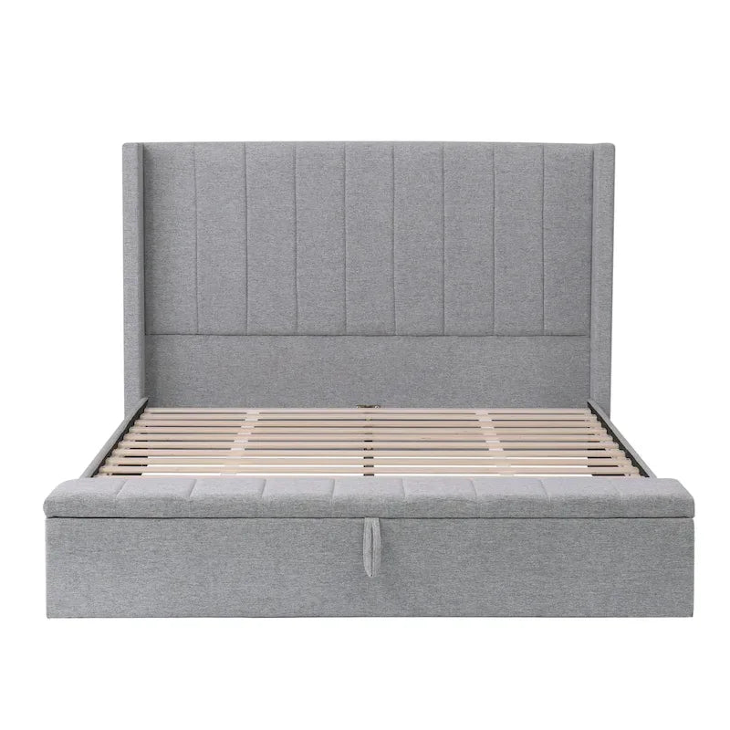 Queen Platform Bed with Wingback Headboard and Footboard Storage