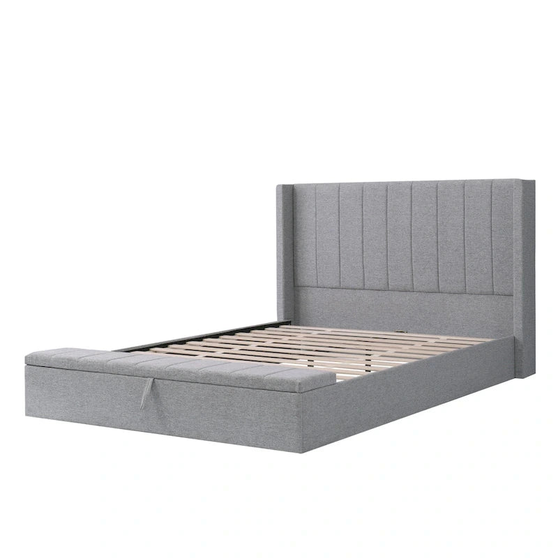 Queen Platform Bed with Wingback Headboard and Footboard Storage