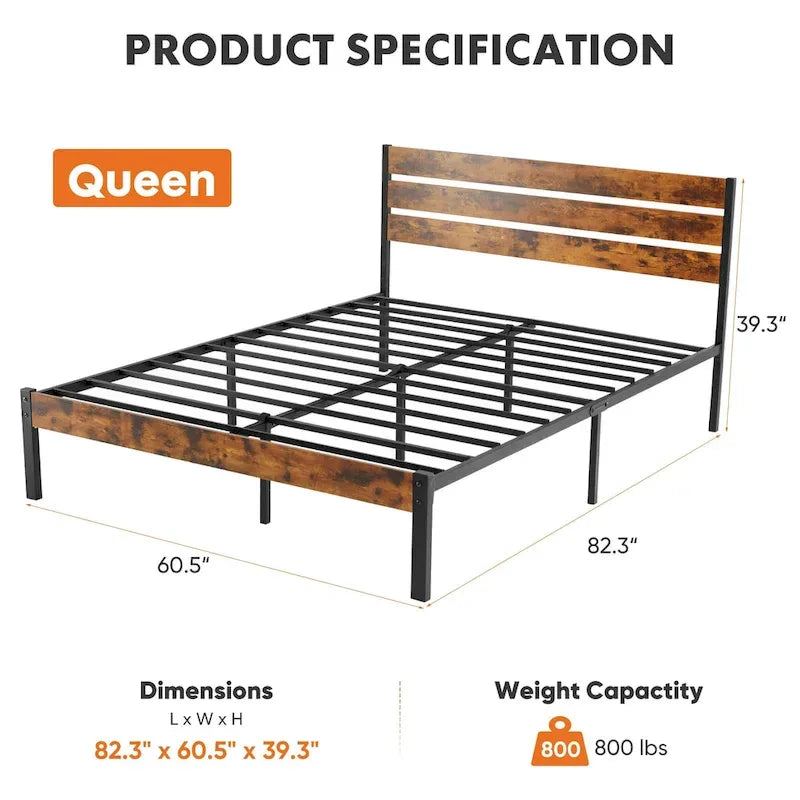 Queen Platform Bed Frame 800-lb Capacity with 12.8-Inch Under-Bed Storage