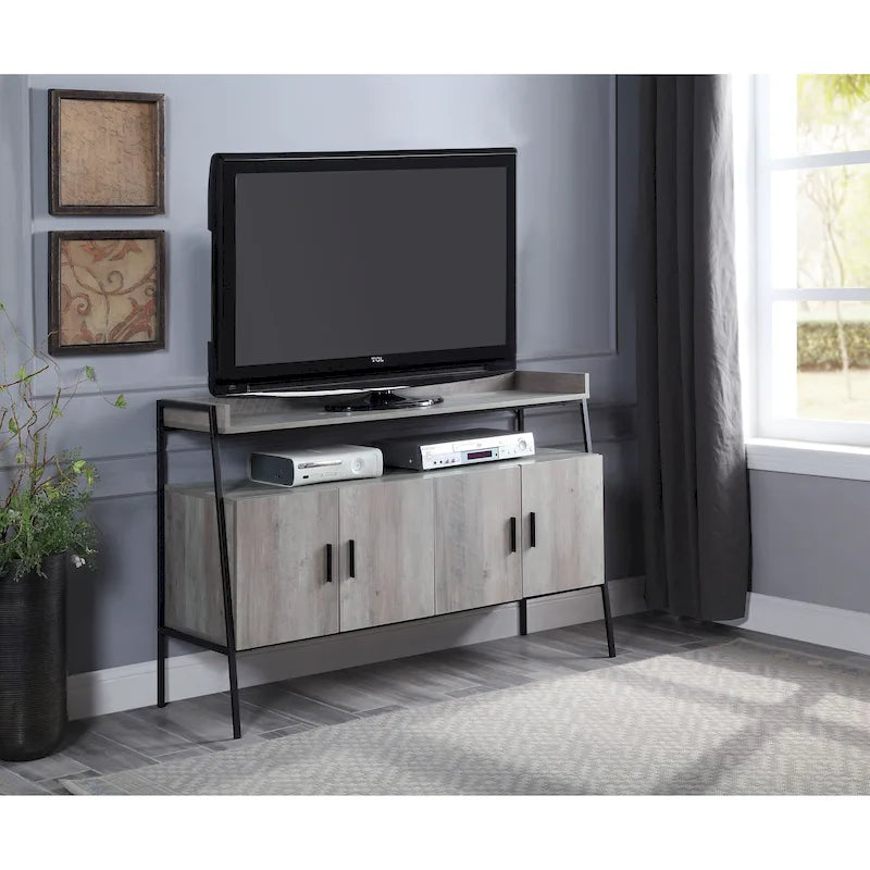 52-Inch Industrial TV Stand with Open Shelf and Metal Legs, Gray Oak