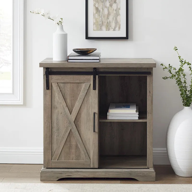 32-Inch Sliding Barn Door Cabinet with Adjustable Shelves