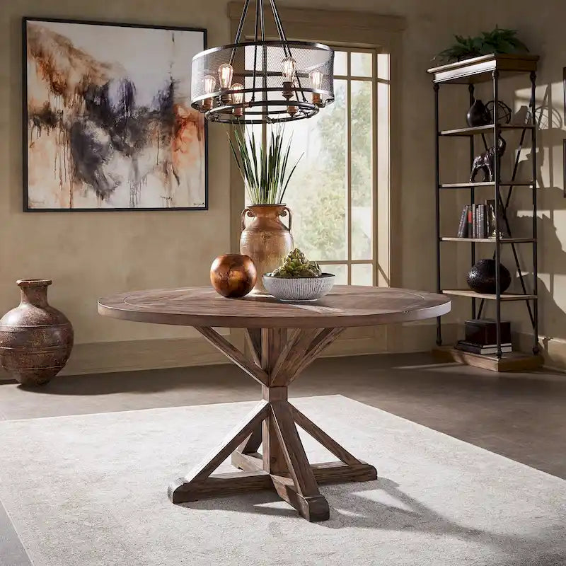 Rustic Round Pine Wood Dining Table with X-Base Pedestal, 54 to 72-Inch