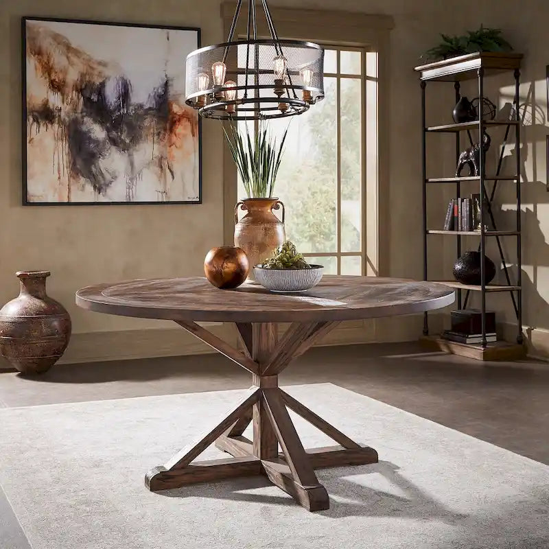 Rustic Round Pine Wood Dining Table with X-Base Pedestal, 54 to 72-Inch