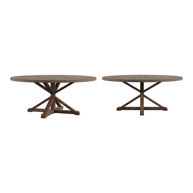 Rustic Round Pine Wood Dining Table with X-Base Pedestal, 54 to 72-Inch
