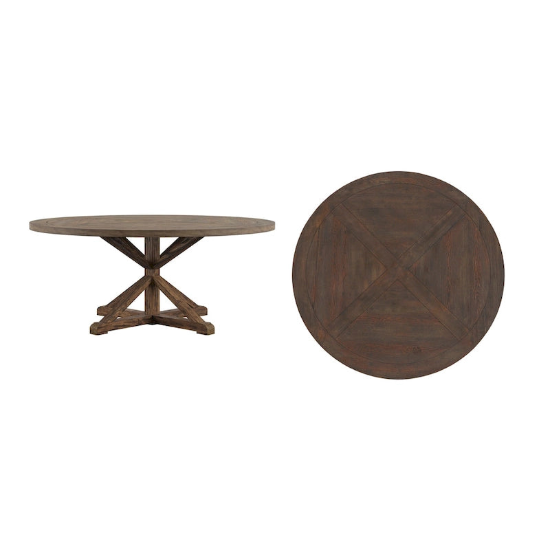 Rustic Round Pine Wood Dining Table with X-Base Pedestal, 54 to 72-Inch