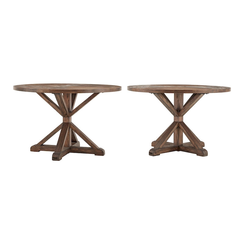 Rustic Round Pine Wood Dining Table with X-Base Pedestal, 54 to 72-Inch