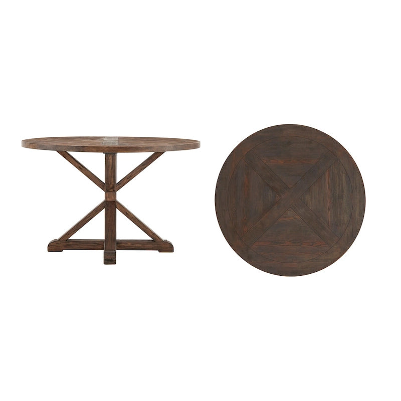 Rustic Round Pine Wood Dining Table with X-Base Pedestal, 54 to 72-Inch