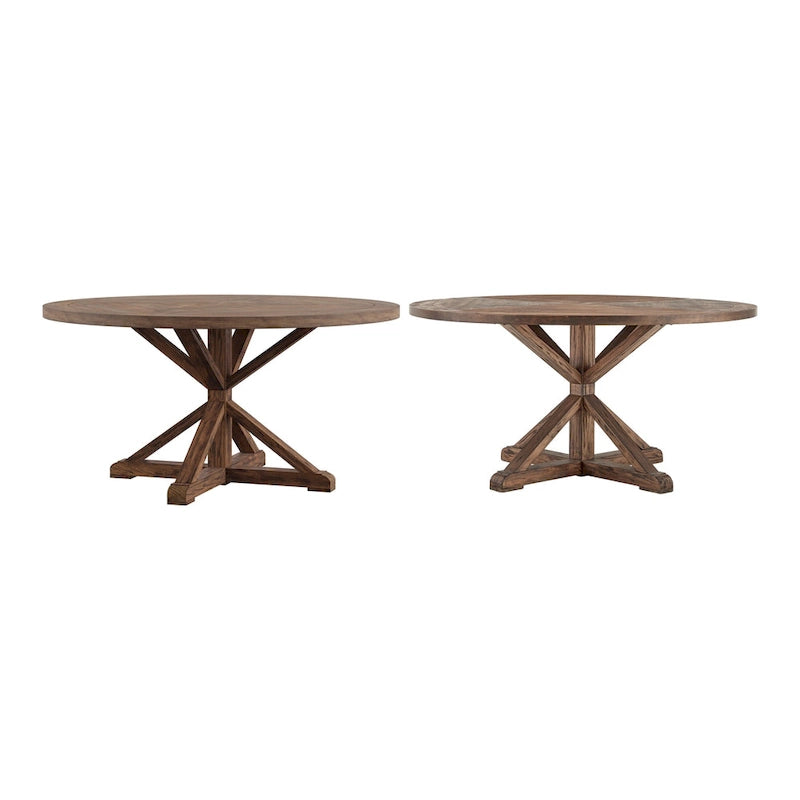 Rustic Round Pine Wood Dining Table with X-Base Pedestal, 54 to 72-Inch