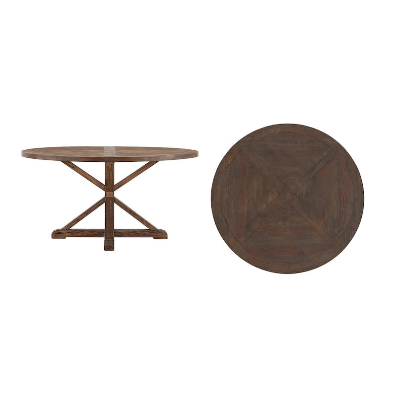 Rustic Round Pine Wood Dining Table with X-Base Pedestal, 54 to 72-Inch