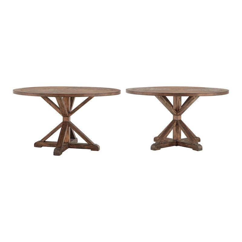 Rustic Round Pine Wood Dining Table with X-Base Pedestal, 54 to 72-Inch